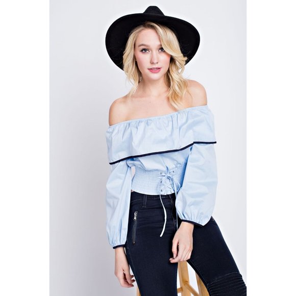 Women's Super Cute Comfy Off Shoulder Top With Contrast Detail Linning & Corset - Picture 7 of 9